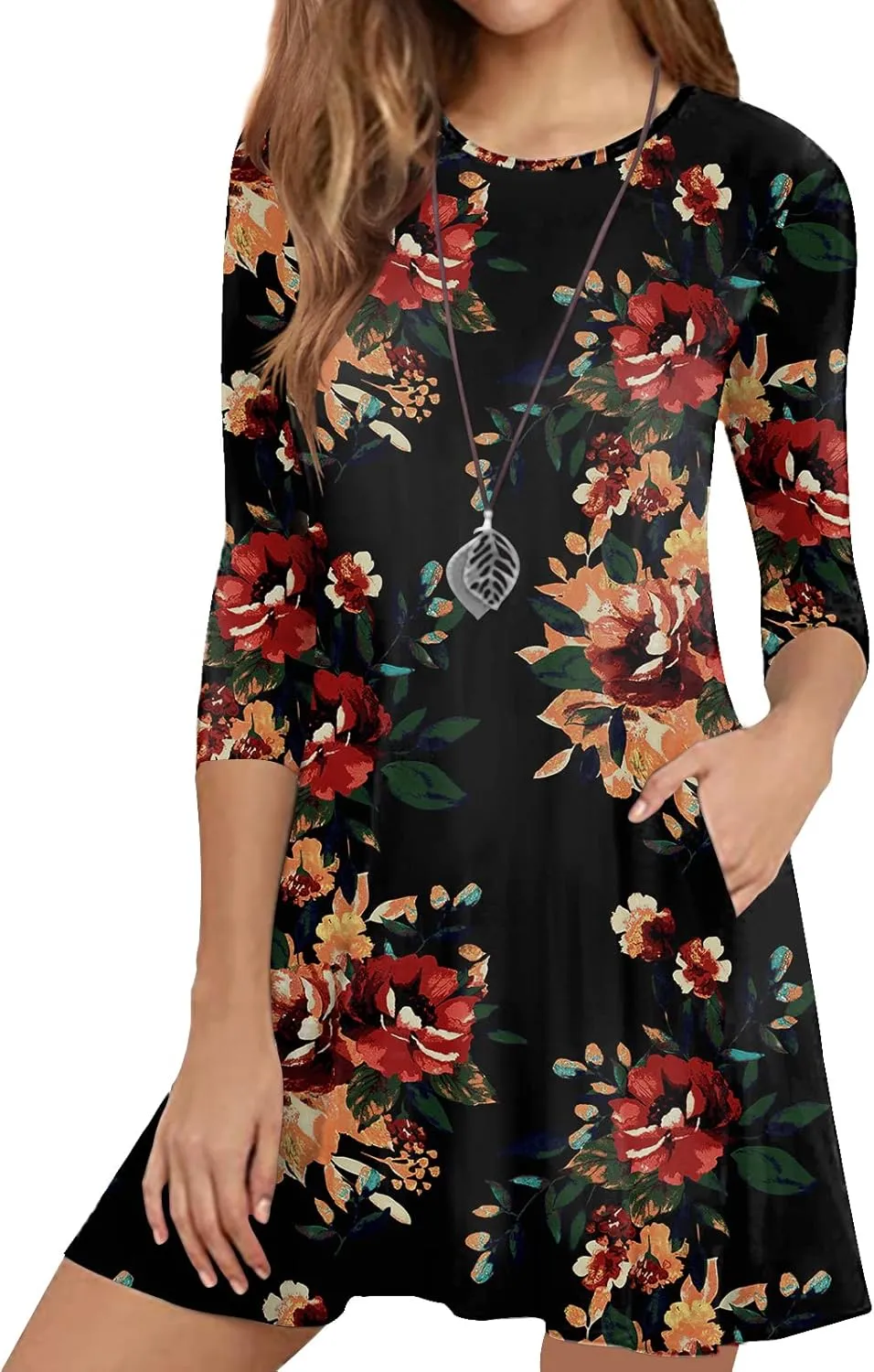 Womens Casual 3/4 Sleeve Dresses Aline Crewneck Spring Tshirt Dress with Pocket