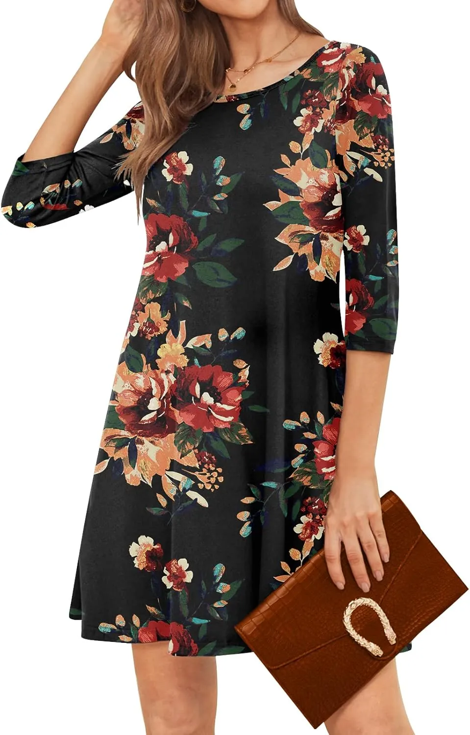 Womens Casual 3/4 Sleeve Dresses Aline Crewneck Spring Tshirt Dress with Pocket