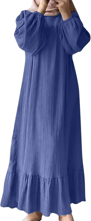 Women's Casual Fashion Long Sleeve Spring Ruffled Dress Retro Solid Color Vintage Long Flowy Dresses with Pocket