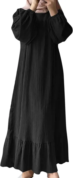 Women's Casual Fashion Long Sleeve Spring Ruffled Dress Retro Solid Color Vintage Long Flowy Dresses with Pocket