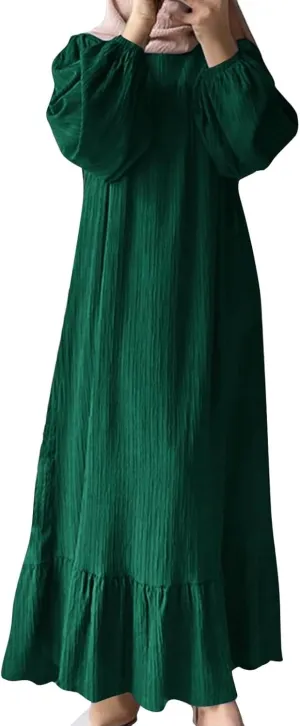 Women's Casual Fashion Long Sleeve Spring Ruffled Dress Retro Solid Color Vintage Long Flowy Dresses with Pocket