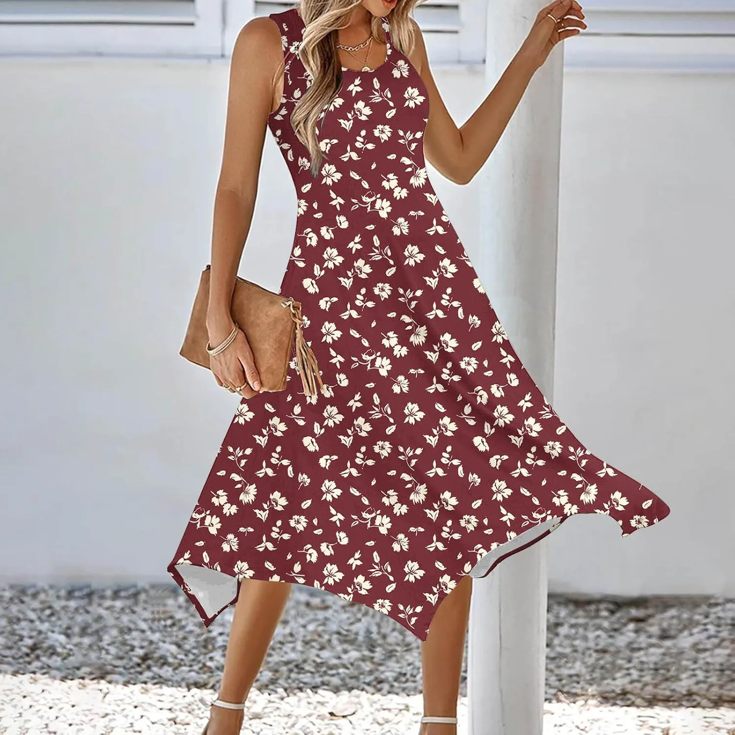Womens Casual Long Tank Dress Floral Print Summer Loose Flowy Beach Sundress Hankerchief Flare Midi Swing Dresses