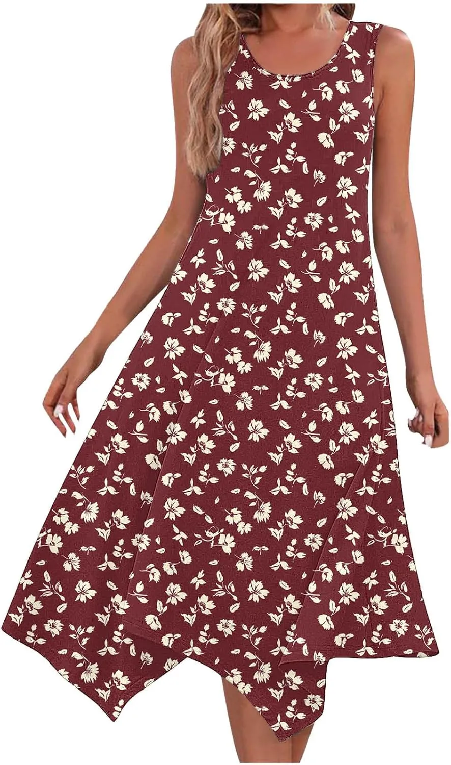 Womens Casual Long Tank Dress Floral Print Summer Loose Flowy Beach Sundress Hankerchief Flare Midi Swing Dresses