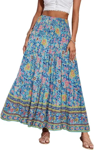 Womens Casual Skirts Summer Boho Flower Swing Skirts High Waisted Tiered Maxi Skirt Beach Holiday Clothes