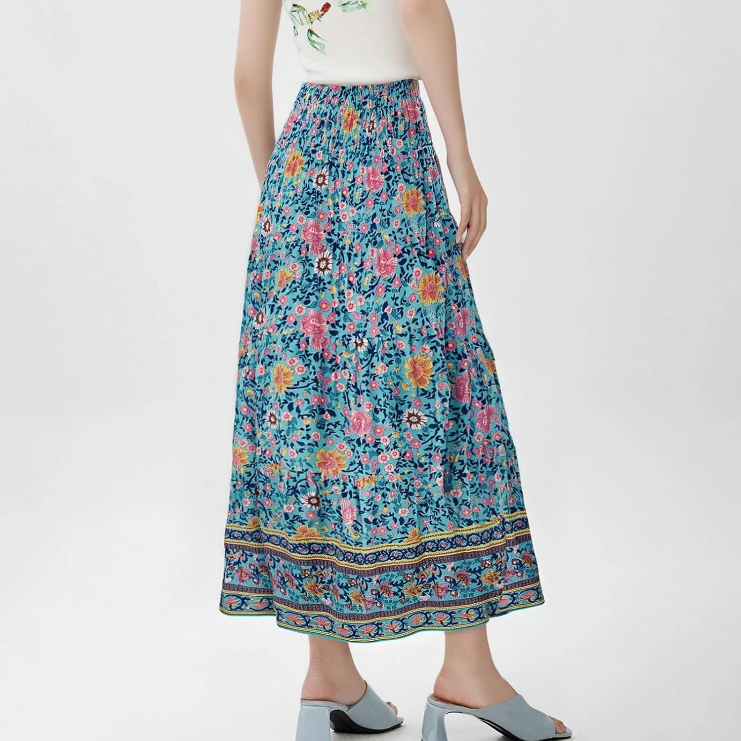 Womens Casual Skirts Summer Boho Flower Swing Skirts High Waisted Tiered Maxi Skirt Beach Holiday Clothes