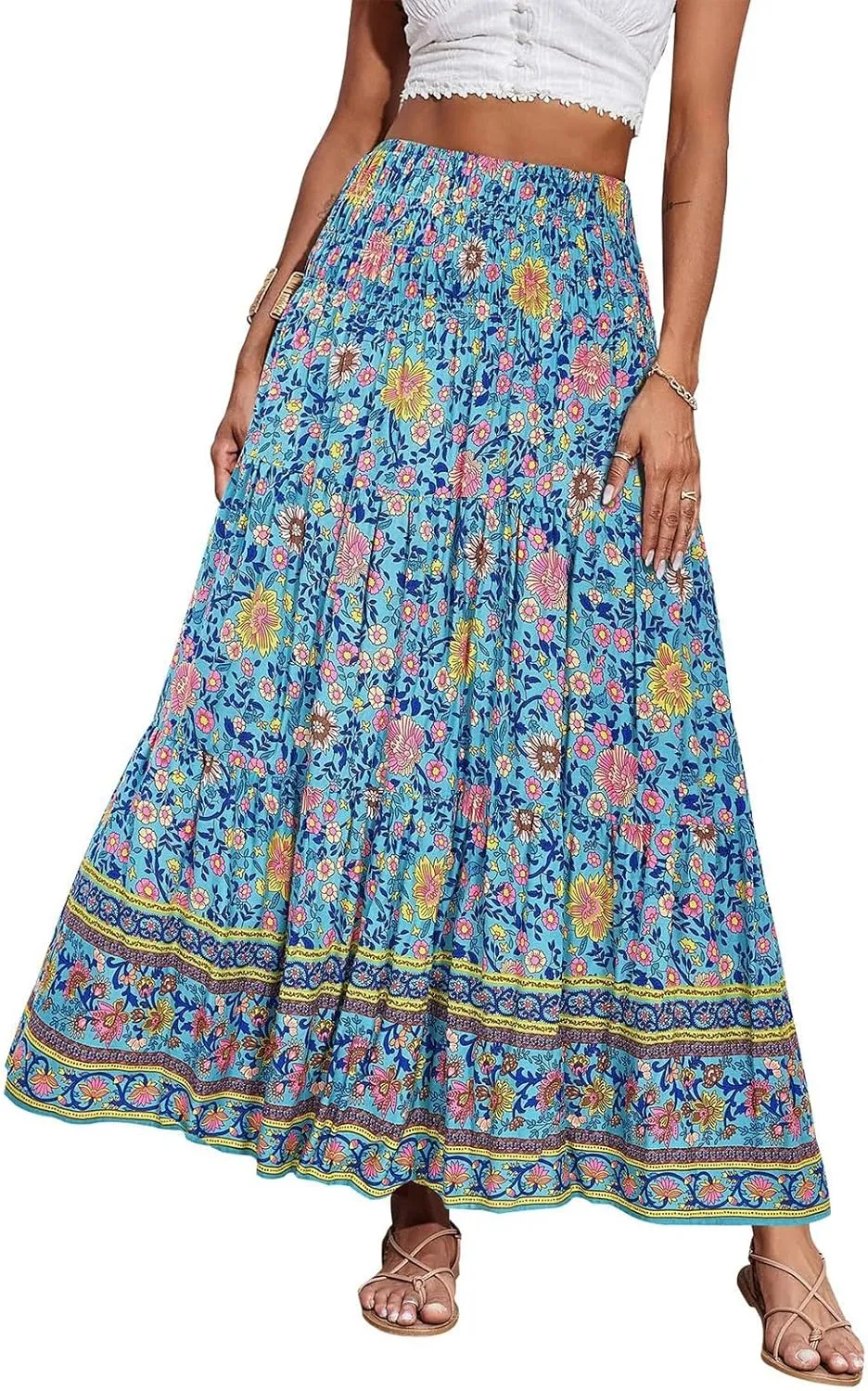 Womens Casual Skirts Summer Boho Flower Swing Skirts High Waisted Tiered Maxi Skirt Beach Holiday Clothes