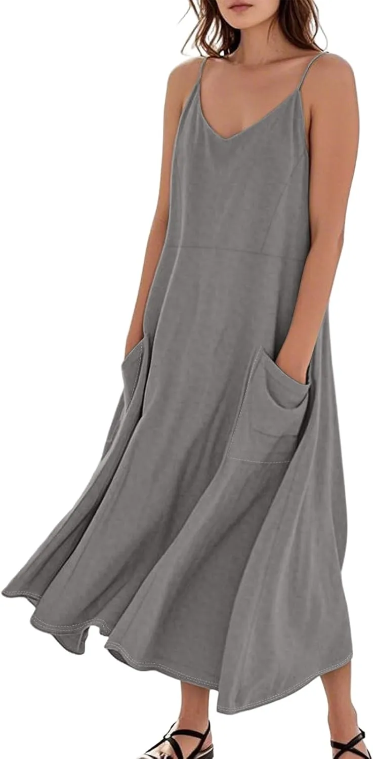 Women's Casual Solid Color Dresses Adult Summer Loose Sleeveless Pocket Spaghetti Straps Dresses