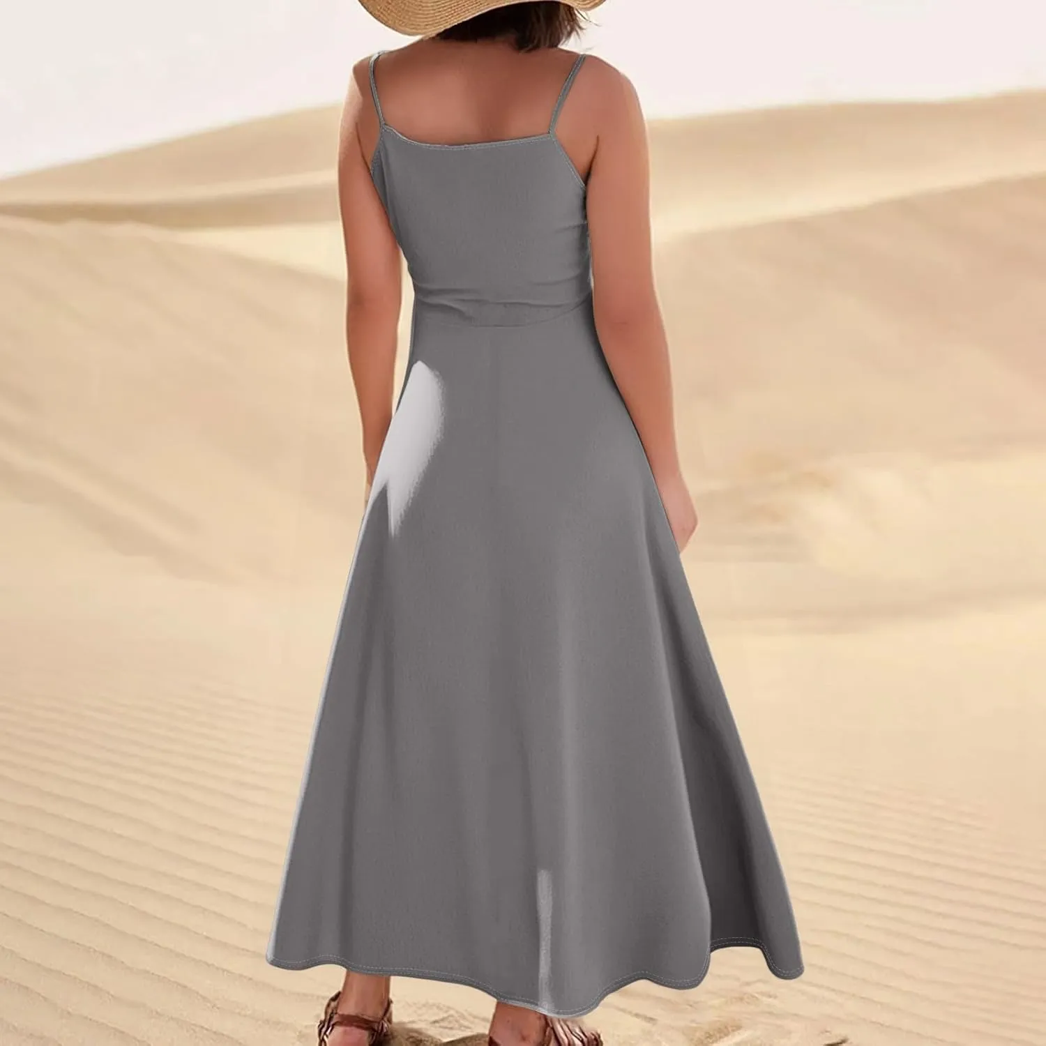 Women's Casual Solid Color Dresses Adult Summer Loose Sleeveless Pocket Spaghetti Straps Dresses