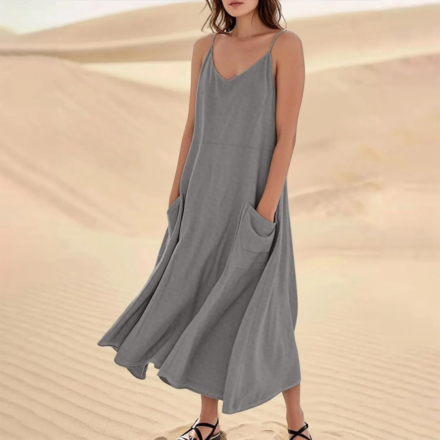 Women's Casual Solid Color Dresses Adult Summer Loose Sleeveless Pocket Spaghetti Straps Dresses