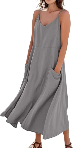 Women's Casual Solid Color Dresses Adult Summer Loose Sleeveless Pocket Spaghetti Straps Dresses