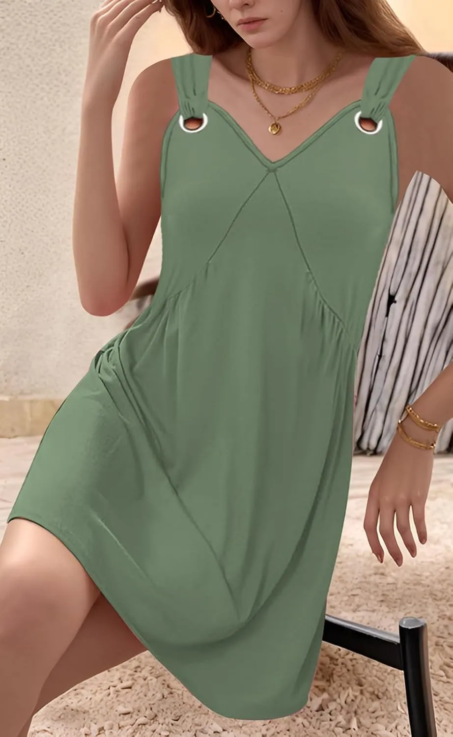 Womens Casual Summer Sleeveless O Ring Shoulder V Neck Swing Short Dress High Waisted Mini Dress with Pockets