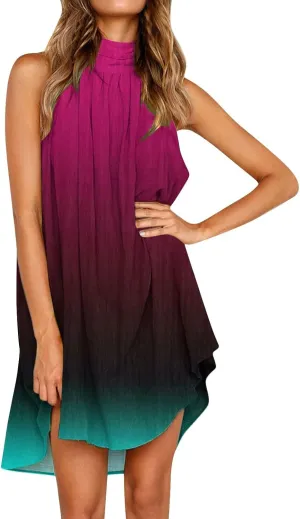 Women's Casual Tie Back Halter Neck Flared Hem Flowy Pleated Beach Sundress Sleeveless Summer A Dresses for Juniors