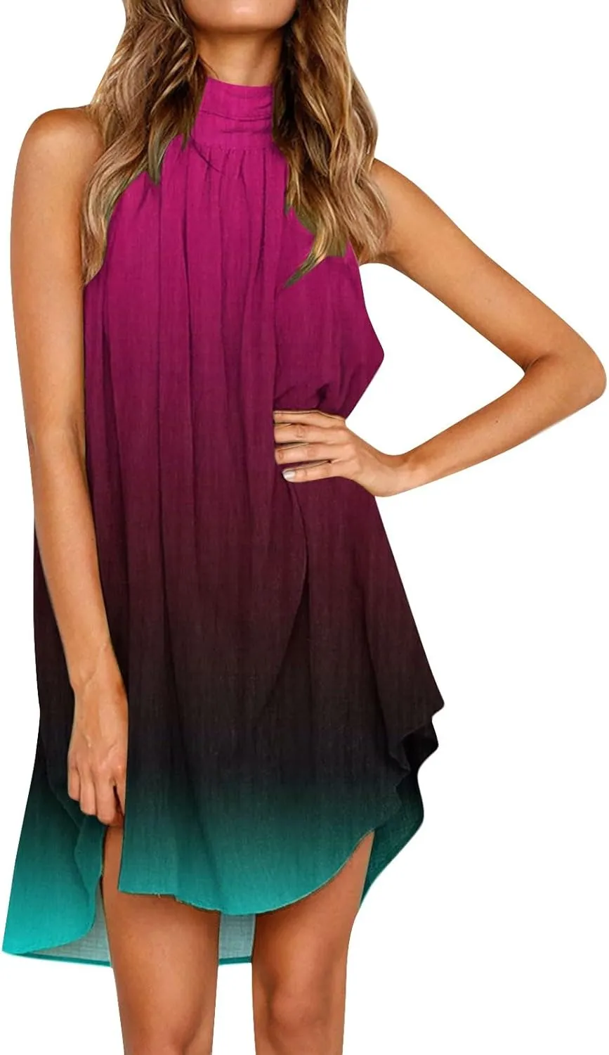 Women's Casual Tie Back Halter Neck Flared Hem Flowy Pleated Beach Sundress Sleeveless Summer A Dresses for Juniors