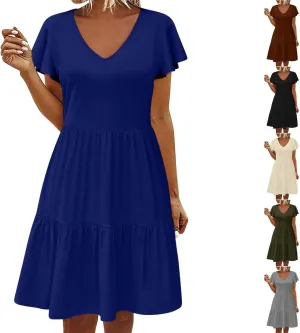 Womens Causal Summer Dresses 2024 Flutter Sleeve V Neck Tunic Tshirt Dress Pleated Ruffle Swing Beach Mini Sundress