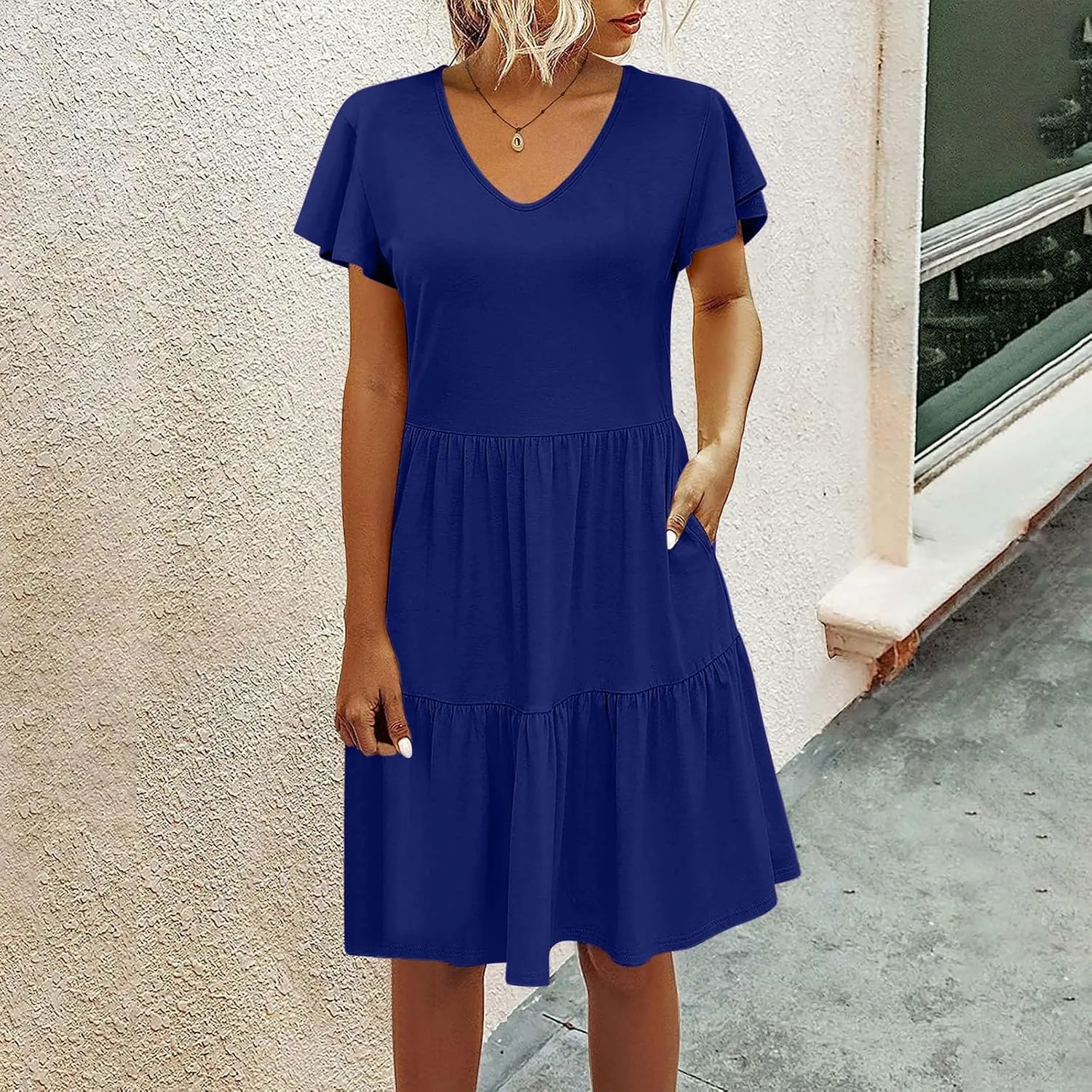 Womens Causal Summer Dresses 2024 Flutter Sleeve V Neck Tunic Tshirt Dress Pleated Ruffle Swing Beach Mini Sundress