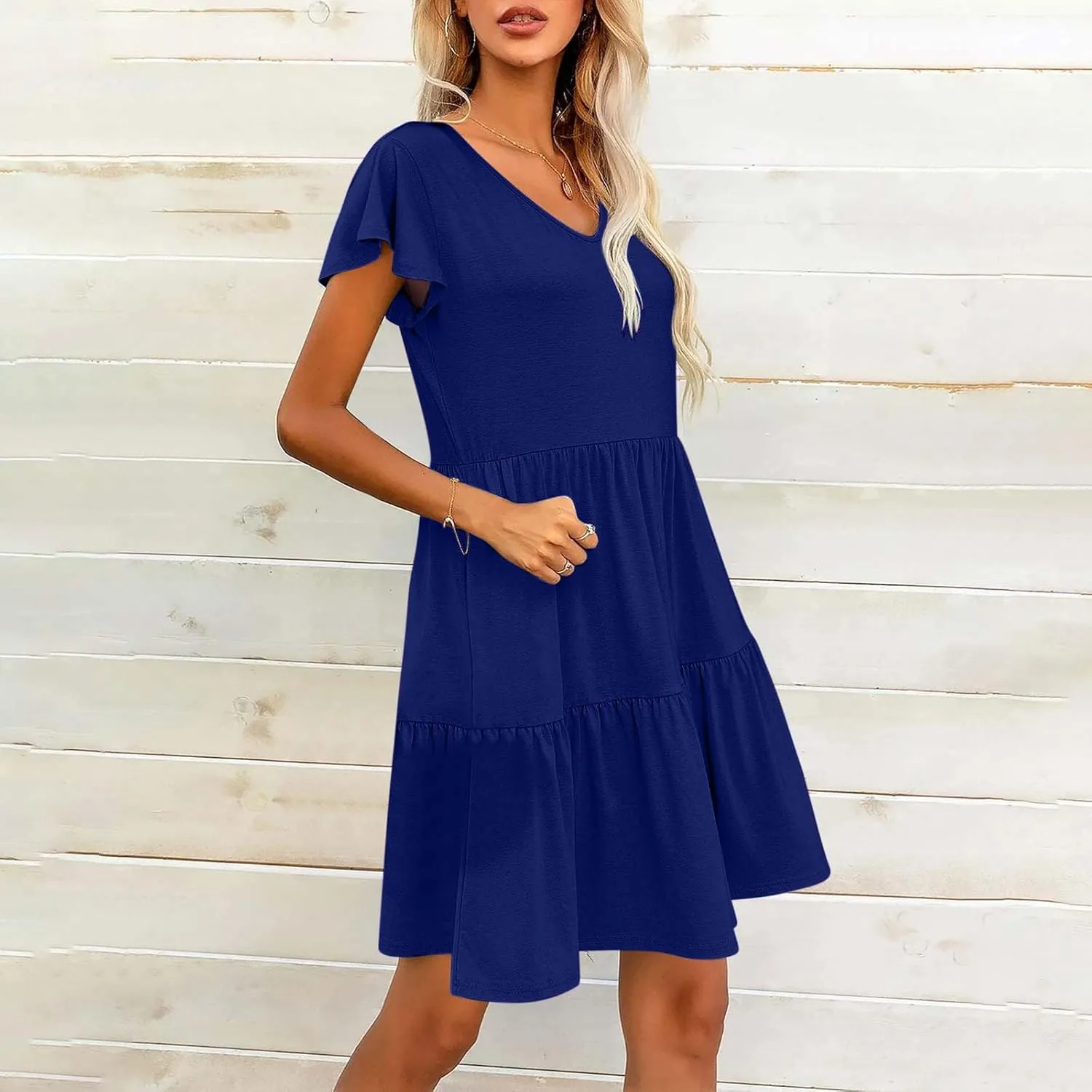 Womens Causal Summer Dresses 2024 Flutter Sleeve V Neck Tunic Tshirt Dress Pleated Ruffle Swing Beach Mini Sundress