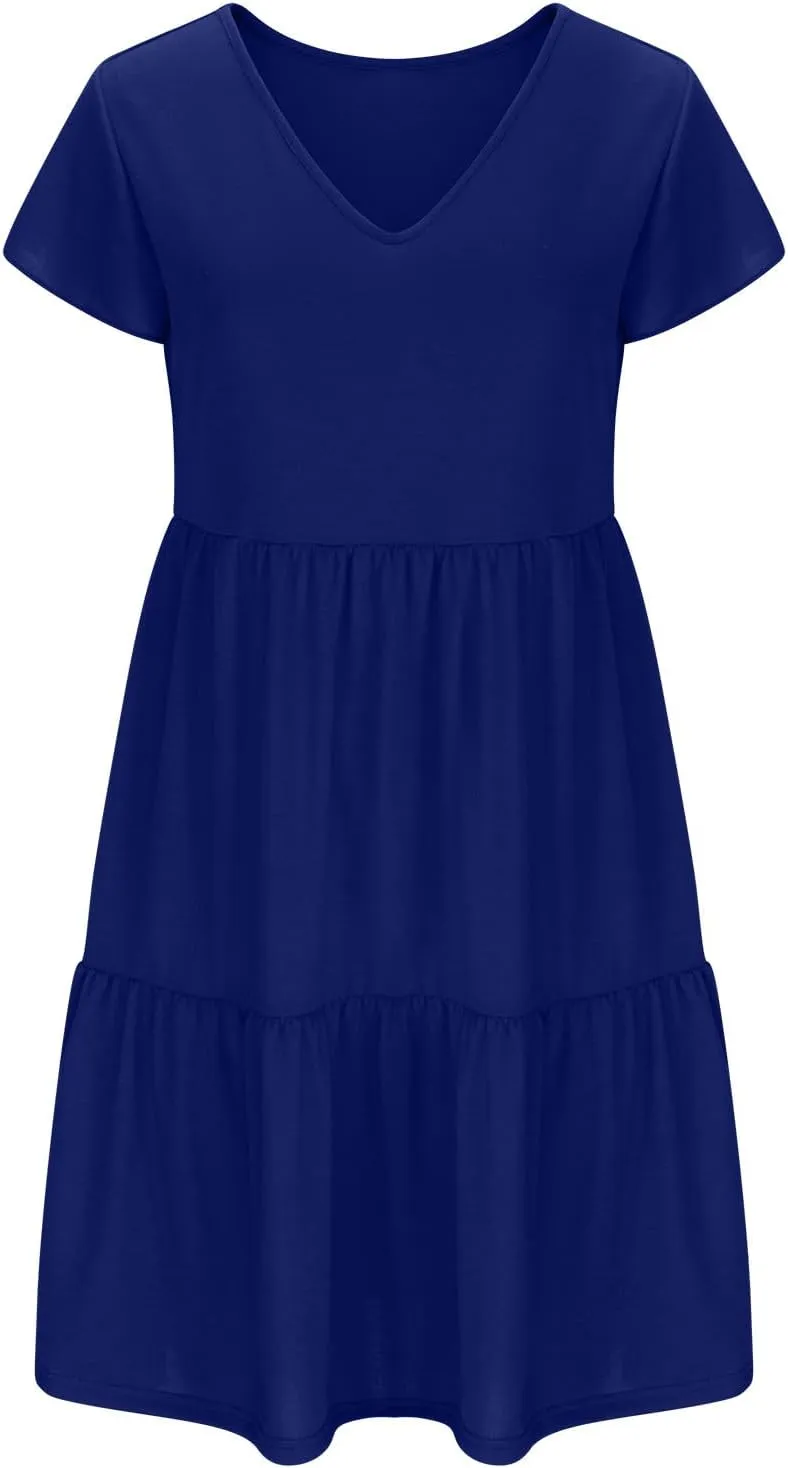 Womens Causal Summer Dresses 2024 Flutter Sleeve V Neck Tunic Tshirt Dress Pleated Ruffle Swing Beach Mini Sundress