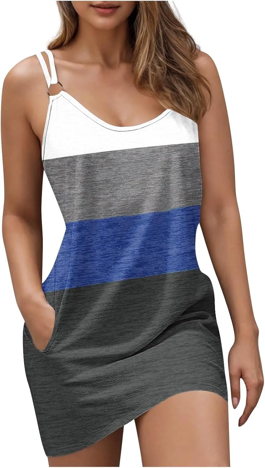 Womens Color Block Mini Dress Sexy Spaghetti Strap Beach Sundress with Pockets Summer Casual Sleeveless Tank Dresses