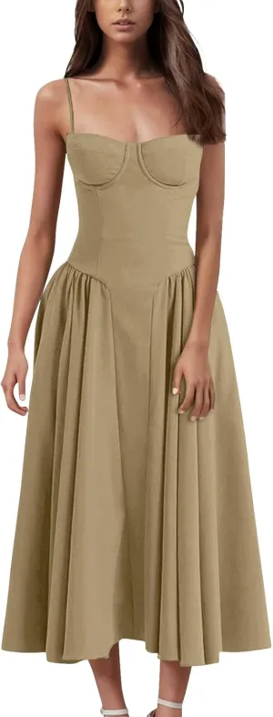WomenS Corset Dress Spaghetti Strap Bustier Midi Party Dress 2025 Vintage Flowy Pleated Hem Low Cut Prom Dresses