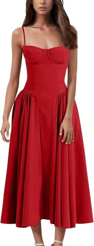 WomenS Corset Dress Spaghetti Strap Bustier Midi Party Dress 2025 Vintage Flowy Pleated Hem Low Cut Prom Dresses