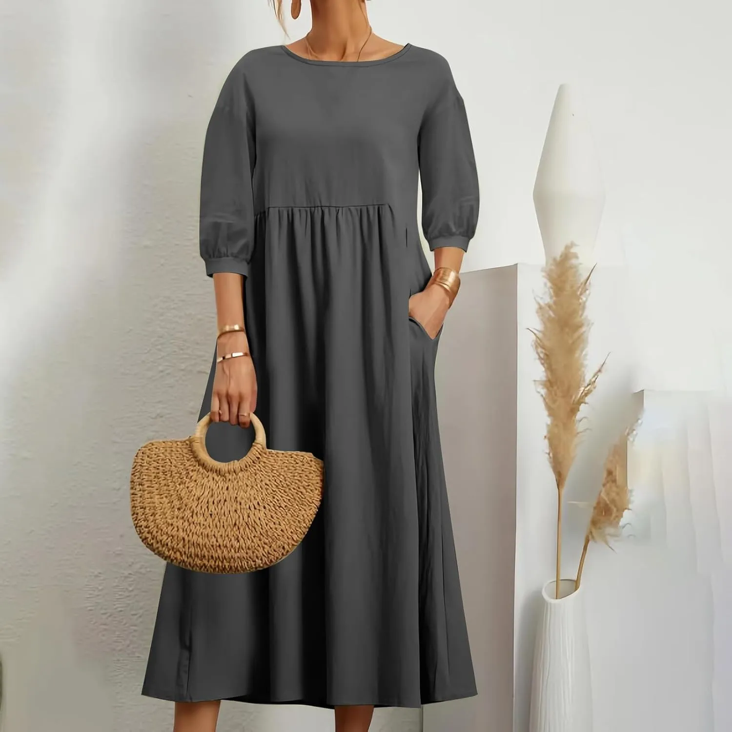 Womens Cotton Linen Midi Dress Casual Loose Petite Solid A-line Dresses Flowy Summer Beach Vacation Sundress Pockets