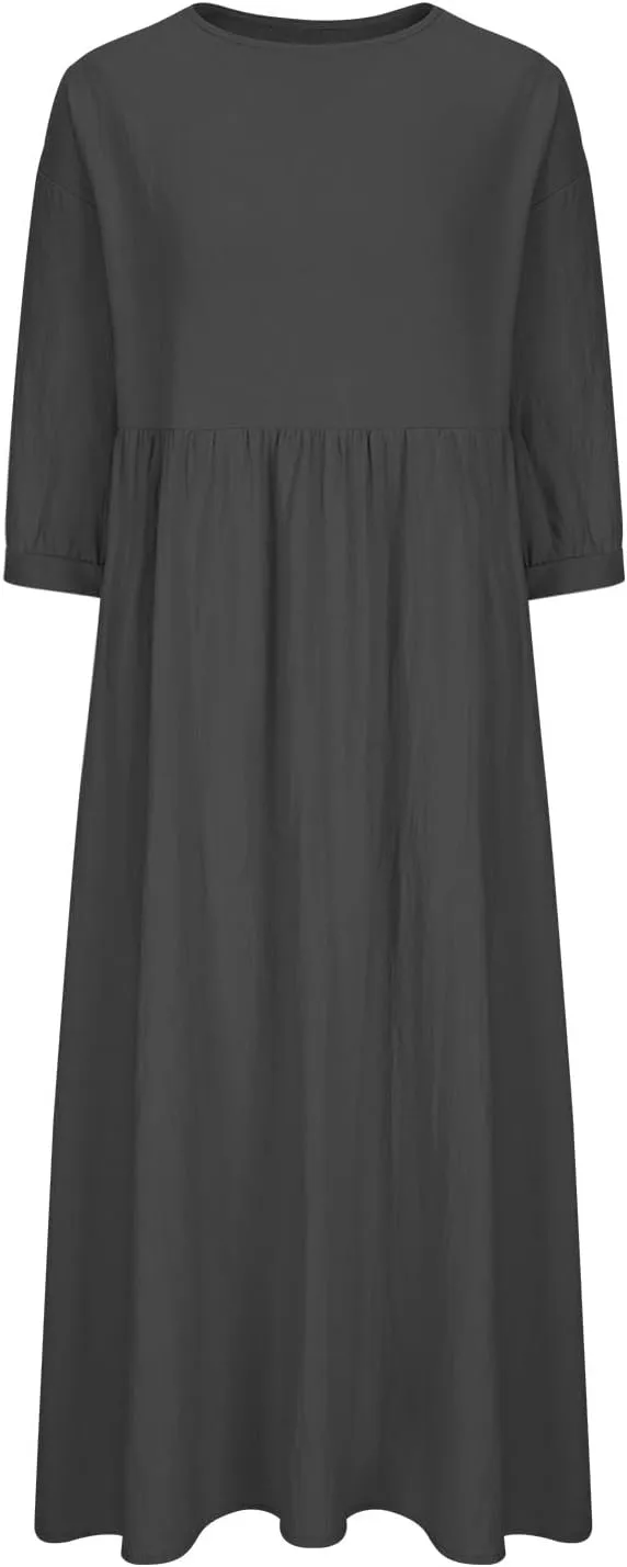 Womens Cotton Linen Midi Dress Casual Loose Petite Solid A-line Dresses Flowy Summer Beach Vacation Sundress Pockets