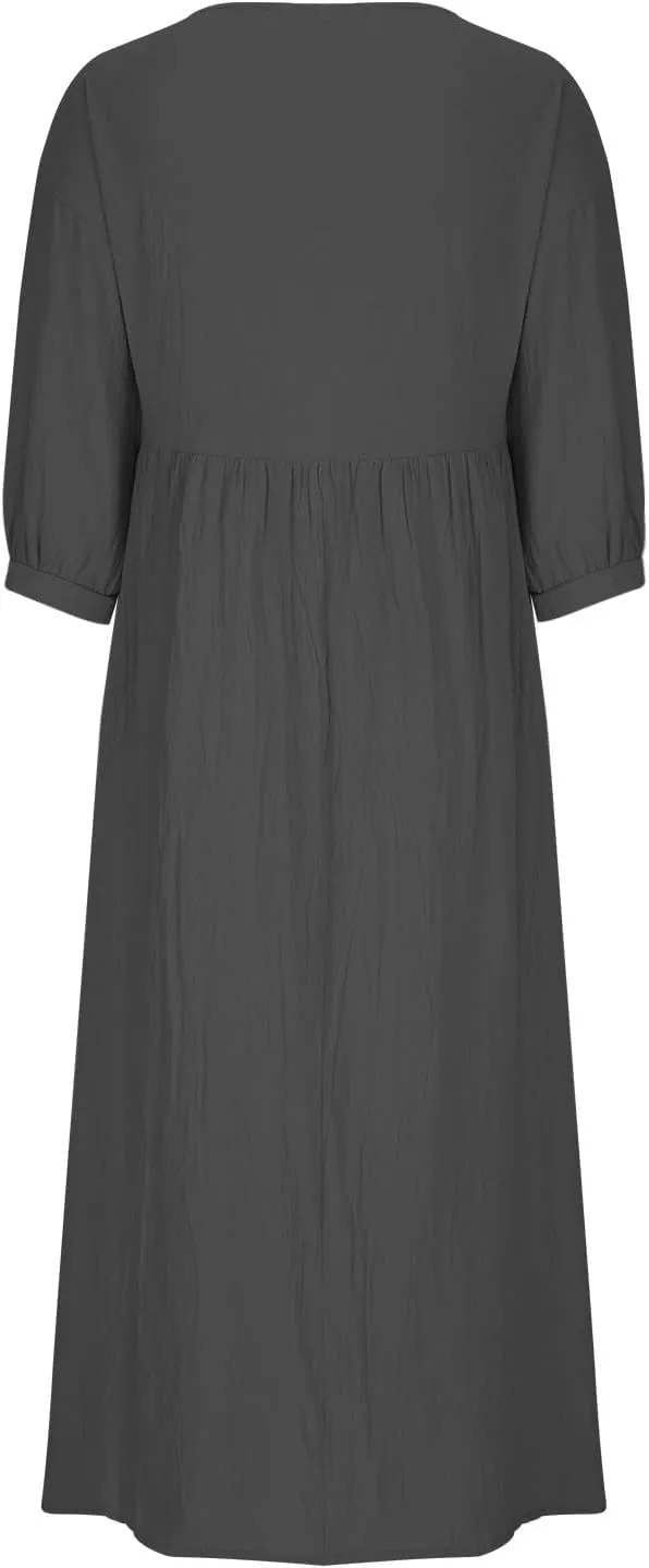 Womens Cotton Linen Midi Dress Casual Loose Petite Solid A-line Dresses Flowy Summer Beach Vacation Sundress Pockets