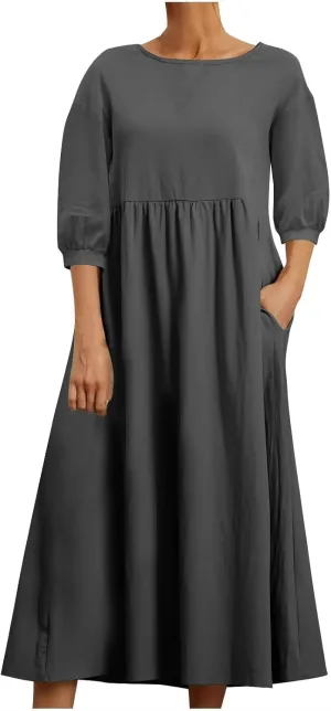 Womens Cotton Linen Midi Dress Casual Loose Petite Solid A-line Dresses Flowy Summer Beach Vacation Sundress Pockets