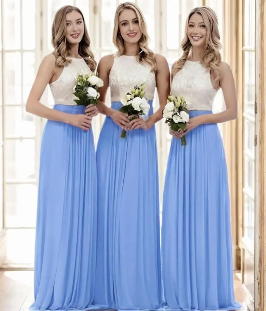 Women's Crew Neck Sleeveless Chiffon Prom Dress A Line High Waist Pleated Long Formal Evening Party Gowns