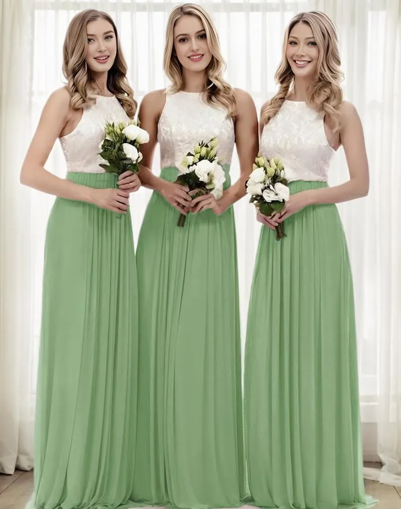 Women's Crew Neck Sleeveless Chiffon Prom Dress A Line High Waist Pleated Long Formal Evening Party Gowns