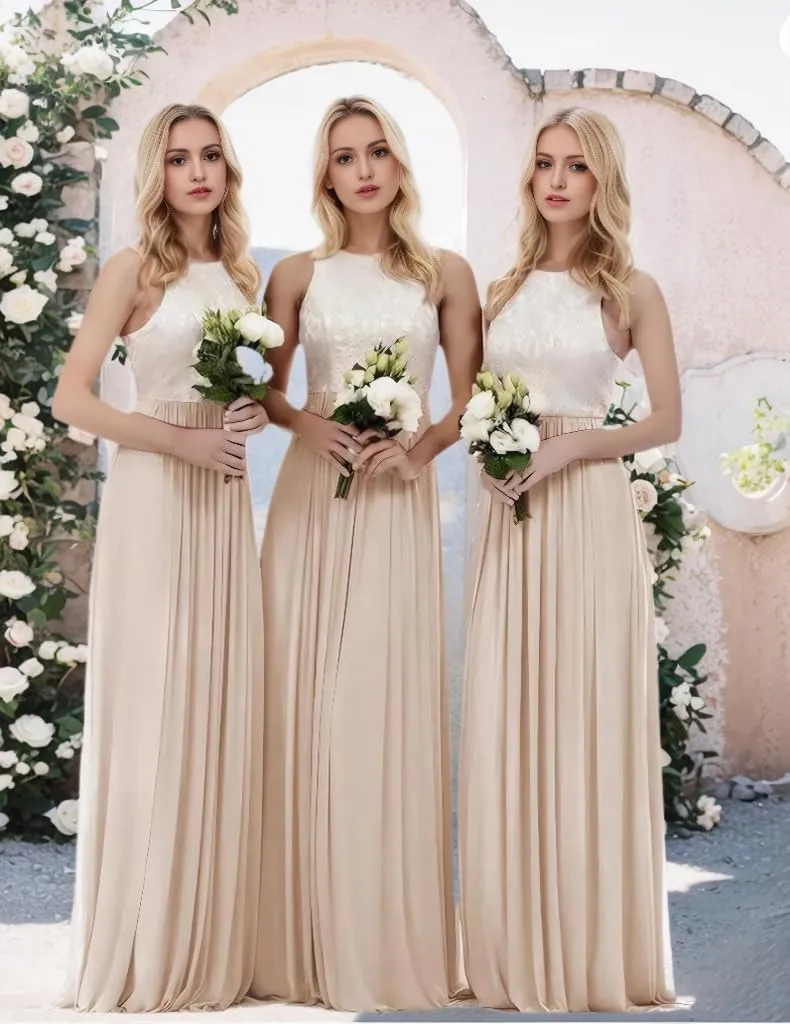 Women's Crew Neck Sleeveless Chiffon Prom Dress A Line High Waist Pleated Long Formal Evening Party Gowns