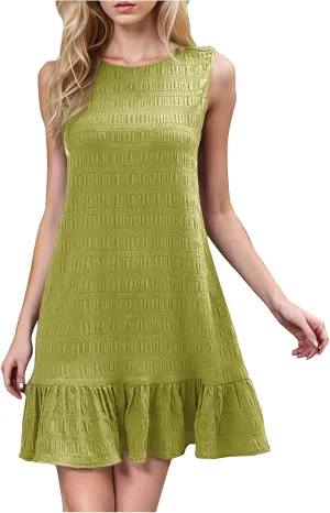 Women's Crinkle Ruffle Hem Tank Dress Round Neck Sleeveless Casual Smocked Dresses Summer Mini Sundress