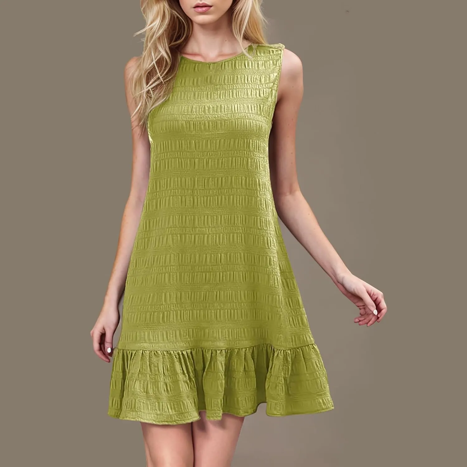 Women's Crinkle Ruffle Hem Tank Dress Round Neck Sleeveless Casual Smocked Dresses Summer Mini Sundress
