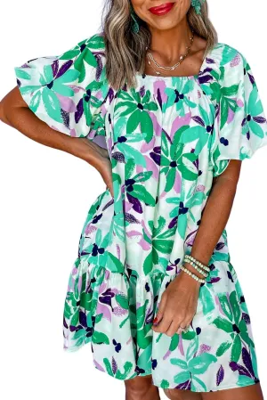 Womens Dress Green Floral Print Shirred Square Neck Loose Fit Mini Dress
