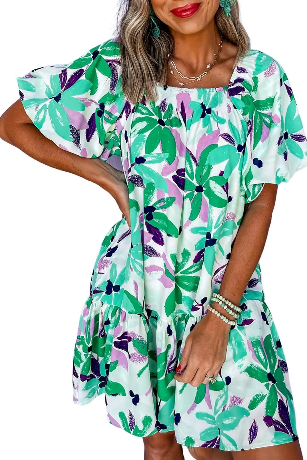 Womens Dress Green Floral Print Shirred Square Neck Loose Fit Mini Dress