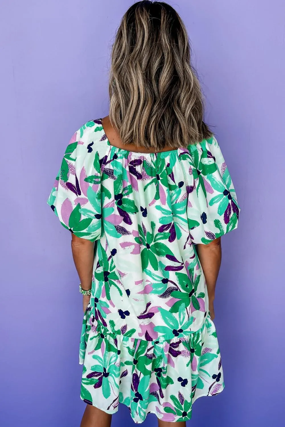 Womens Dress Green Floral Print Shirred Square Neck Loose Fit Mini Dress