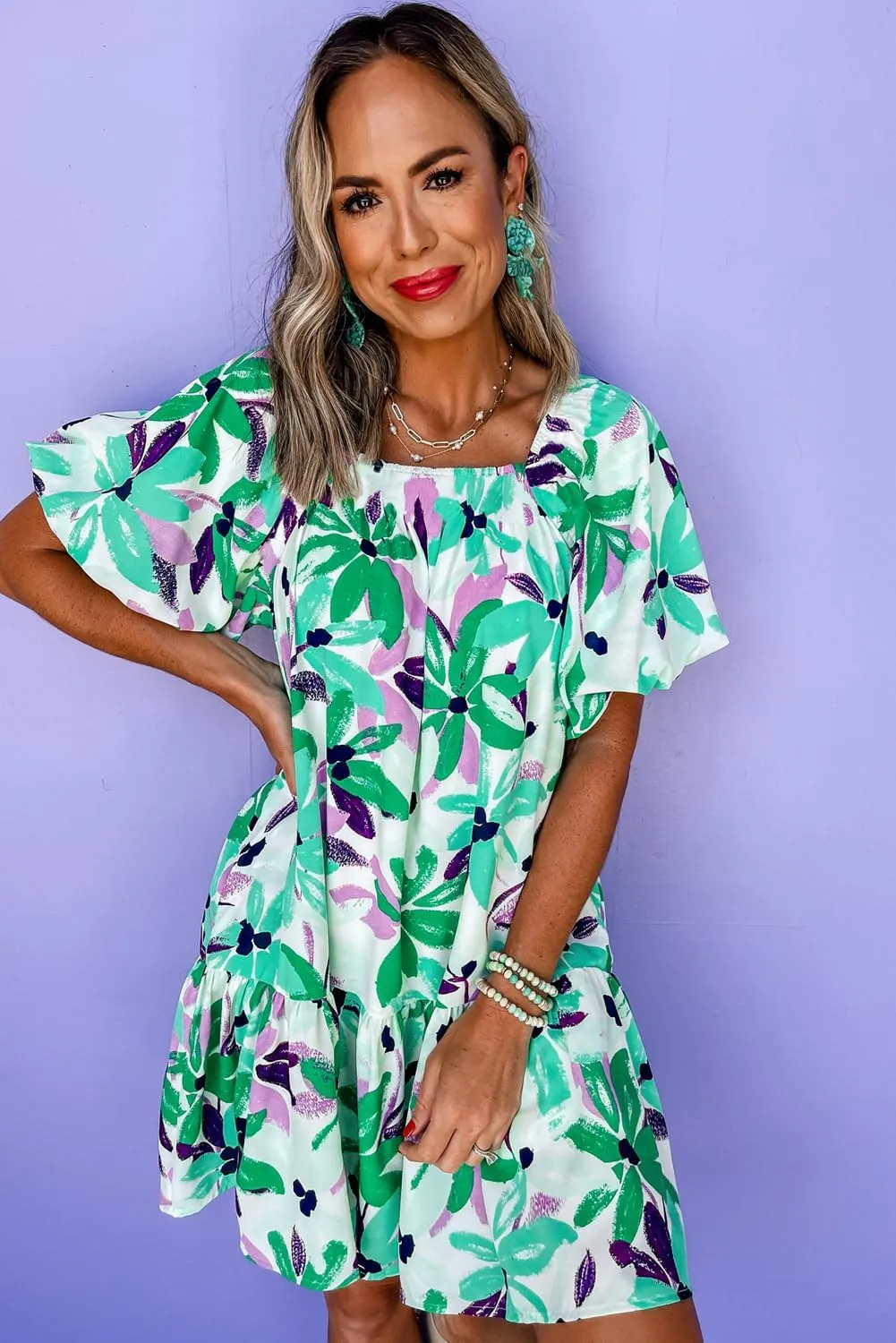 Womens Dress Green Floral Print Shirred Square Neck Loose Fit Mini Dress