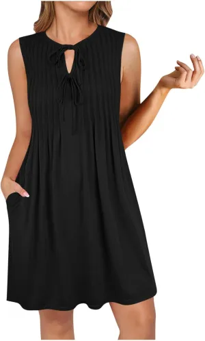Womens Dresses Casual Summer Front Key Hole Sleeveless Tank Sundress Ruched Crewneck Beach Vacation Mini Dress