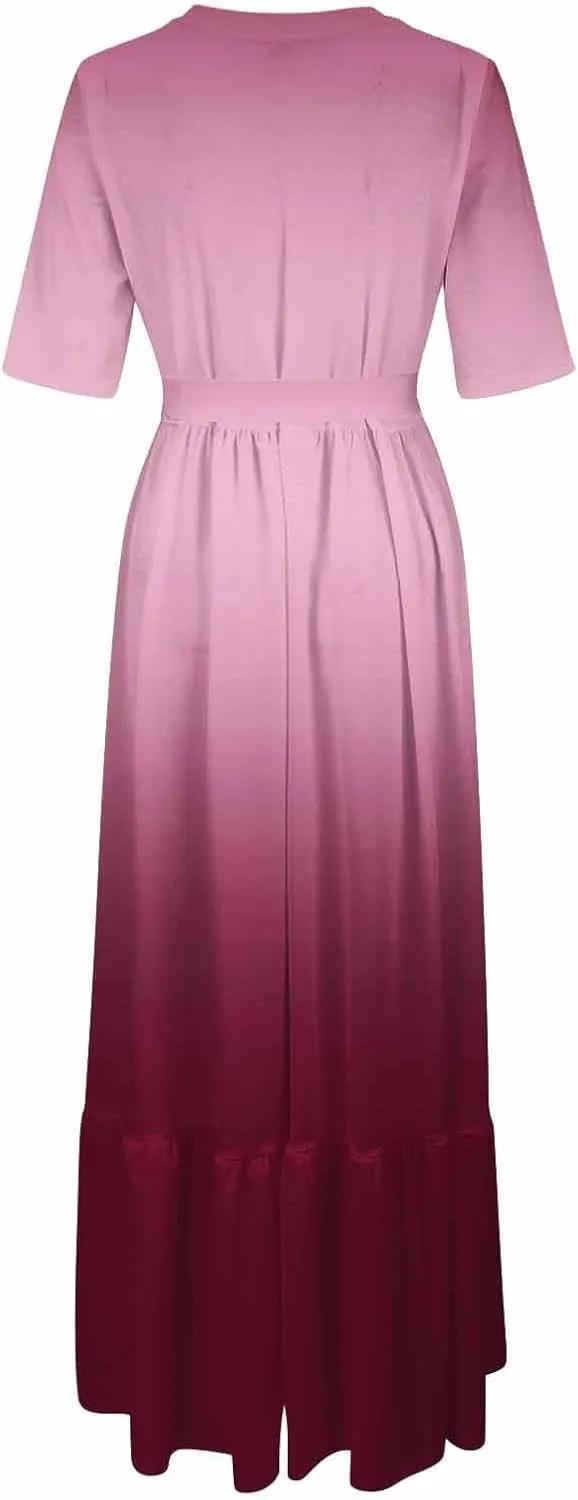 Women's Dresses Casual Summer Tiered Midi Dress Short Sleeve Belted Ruffle Babydoll Boho Sundress with Pockets