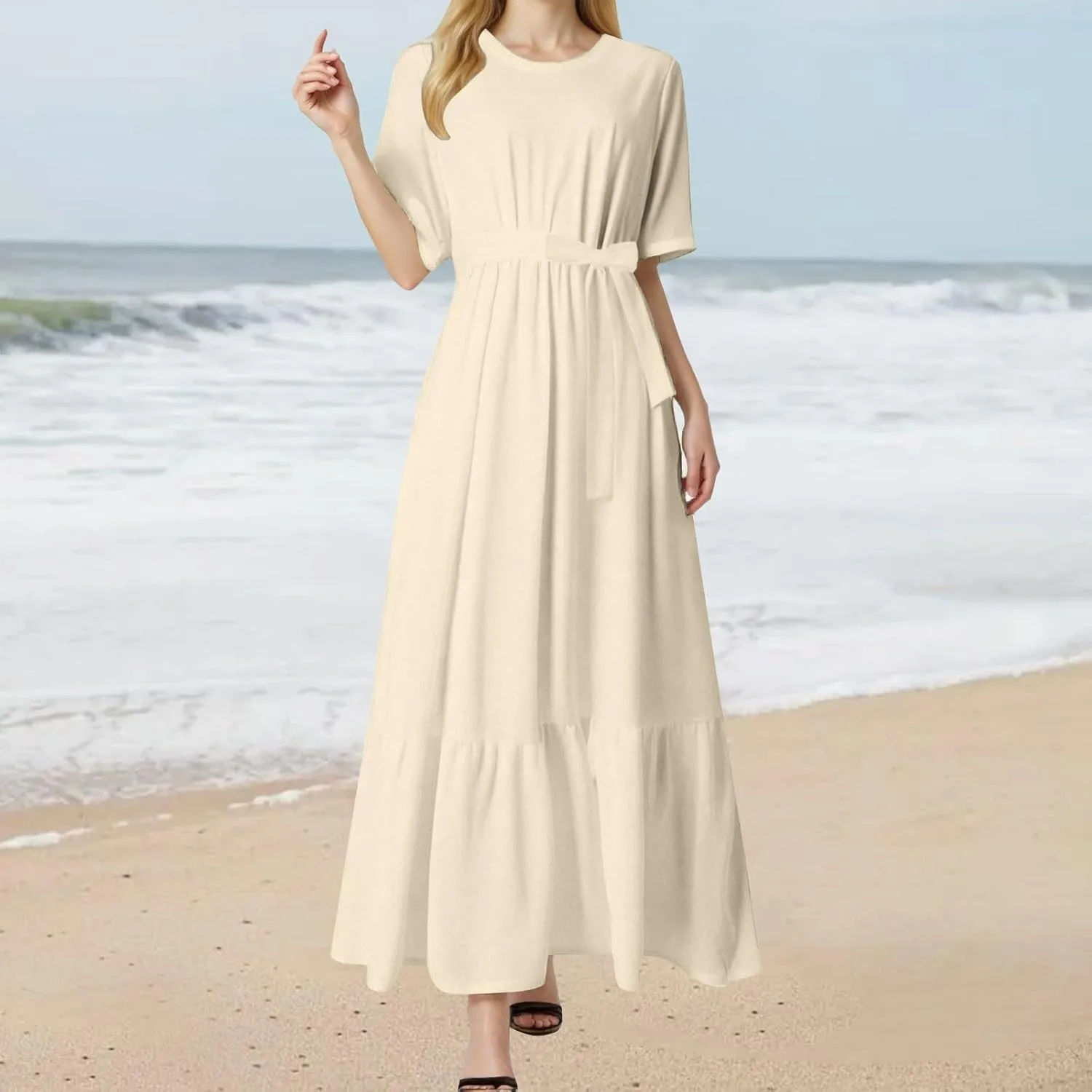 Women's Dresses Casual Summer Tiered Midi Dress Short Sleeve Belted Ruffle Babydoll Boho Sundress with Pockets