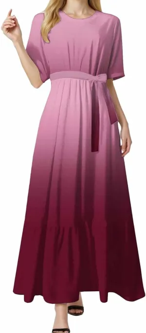 Women's Dresses Casual Summer Tiered Midi Dress Short Sleeve Belted Ruffle Babydoll Boho Sundress with Pockets