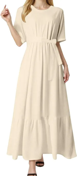 Women's Dresses Casual Summer Tiered Midi Dress Short Sleeve Belted Ruffle Babydoll Boho Sundress with Pockets