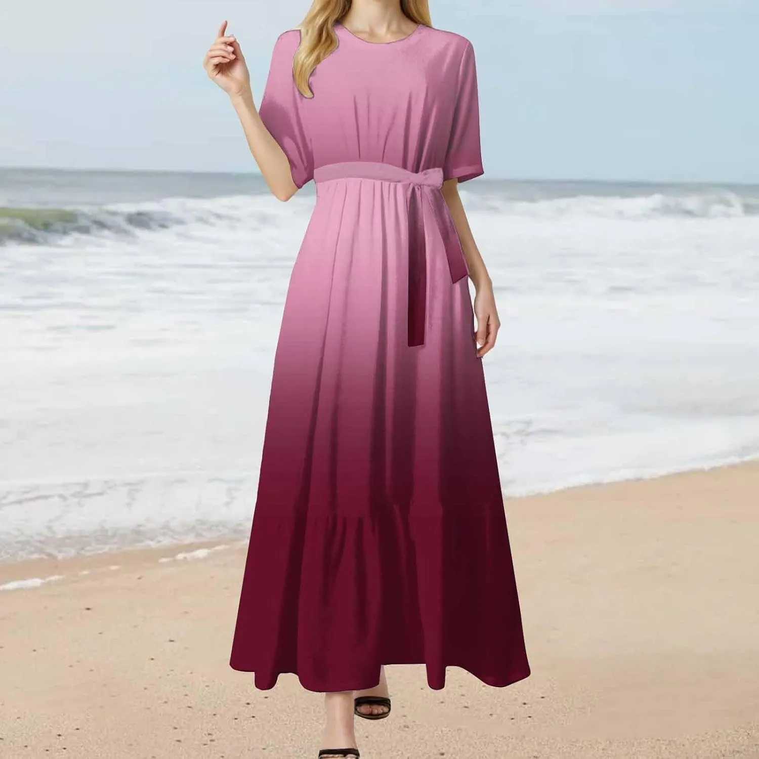 Women's Dresses Casual Summer Tiered Midi Dress Short Sleeve Belted Ruffle Babydoll Boho Sundress with Pockets