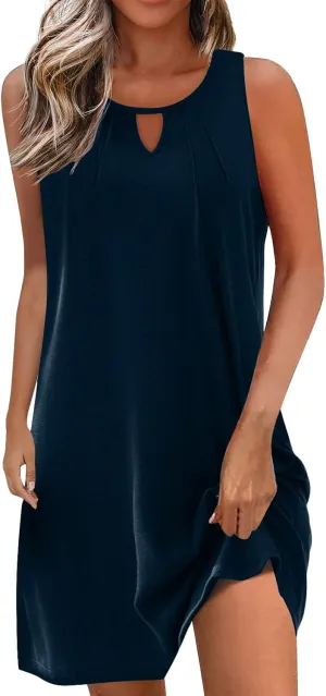 Womens Dresses Crewneck Sleeveless Hollow Mini Dress Ruffle Sexy Fashion Trendy Dressy Tops Dress Summer Sundress