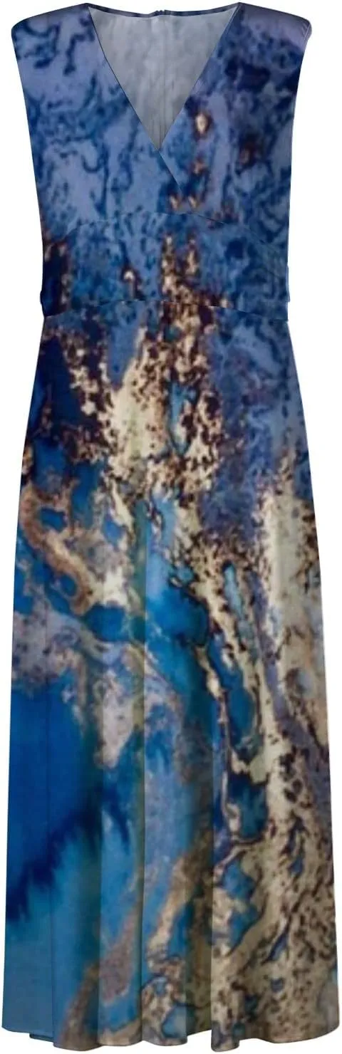 Womens Dresses Flowy Ruched Floral Print Boho Dress Sleeveless Wrap V Neck Beach Dresses Trendy Maxi Dress