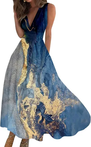 Womens Dresses Flowy Ruched Floral Print Boho Dress Sleeveless Wrap V Neck Beach Dresses Trendy Maxi Dress