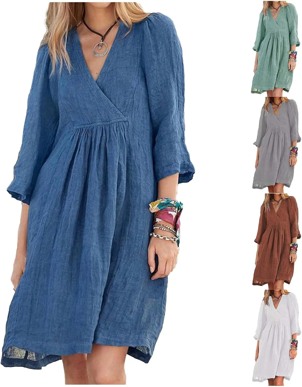 Womens Dresses for Summer Causl 3/4 Sleeve Cotton Linen Dress Loose Tunic Smocked Mini Dress Beach Travel Clothes