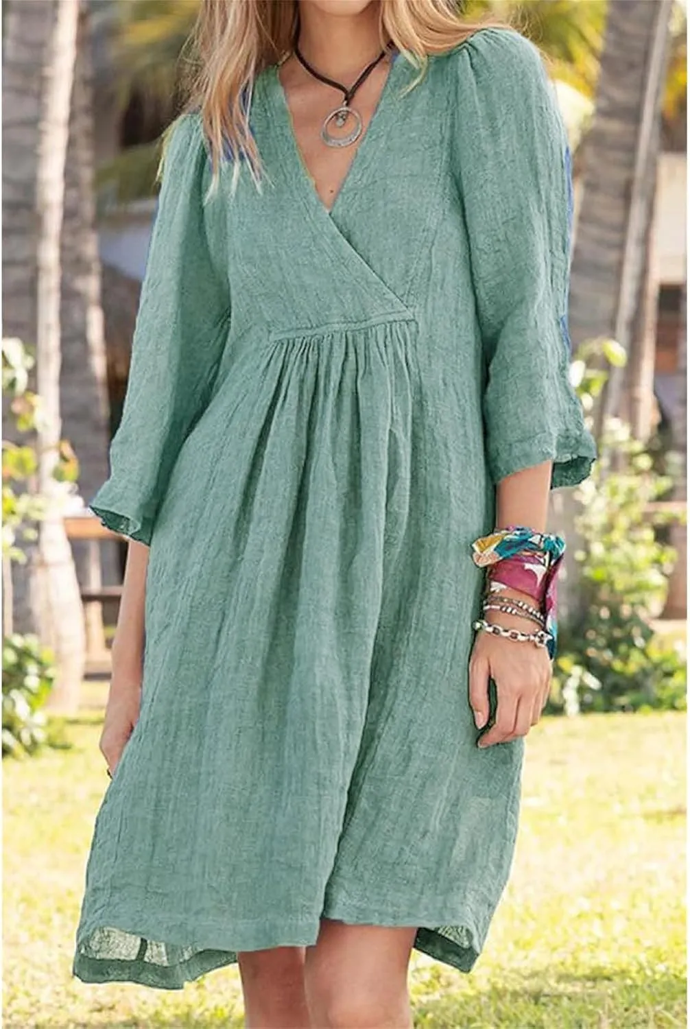 Womens Dresses for Summer Causl 3/4 Sleeve Cotton Linen Dress Loose Tunic Smocked Mini Dress Beach Travel Clothes