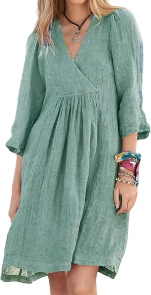 Womens Dresses for Summer Causl 3/4 Sleeve Cotton Linen Dress Loose Tunic Smocked Mini Dress Beach Travel Clothes