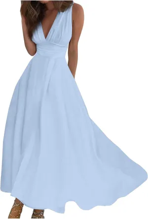 Womens Dresses Sleeveless Floral Print Maxi Dress Flowy Ruched Wrap V Neck Beach Dresses Trendy Sundress